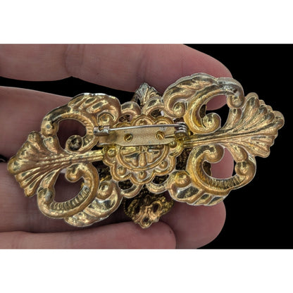 Vintage Victorian Style Gold Tone Brooch With Crystal Rhinestones & Faux Pearl 3 Inches Handmade Jewelry Piece