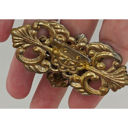 Vintage Victorian Style Gold Tone Brooch With Crystal Rhinestones & Faux Pearl 3 Inches Handmade Jewelry Piece
