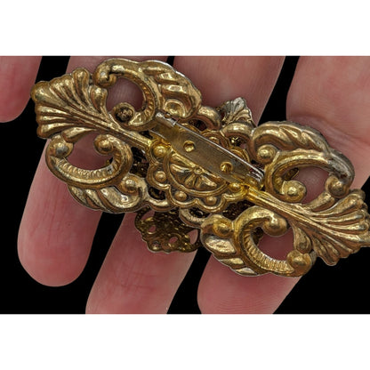 Vintage Victorian Style Gold Tone Brooch With Crystal Rhinestones & Faux Pearl 3 Inches Handmade Jewelry Piece