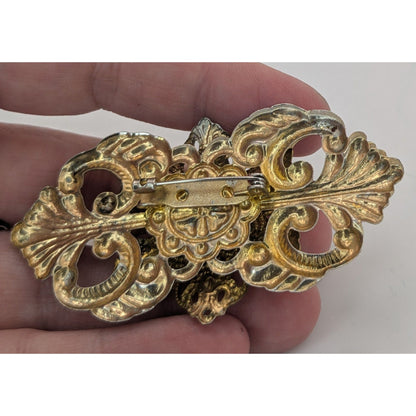 Vintage Victorian Style Gold Tone Brooch With Crystal Rhinestones & Faux Pearl 3 Inches Handmade Jewelry Piece