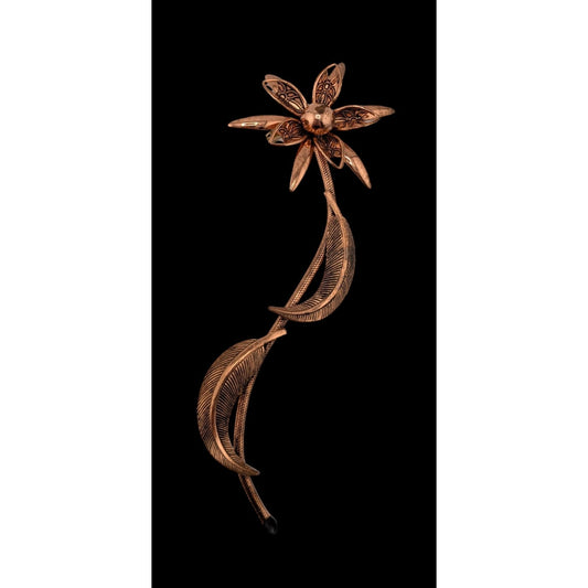 Vintage Copper Flower Brooch With Detailed Petals & Leaves