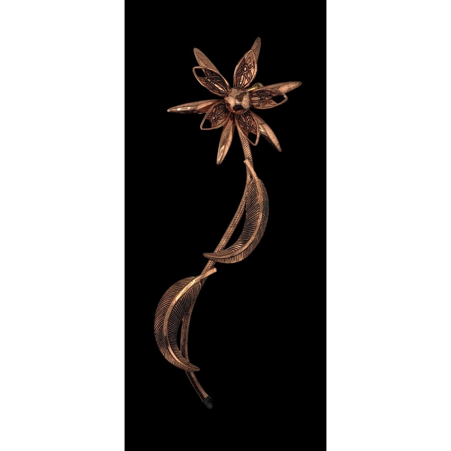 Vintage Copper Flower Brooch With Detailed Petals & Leaves
