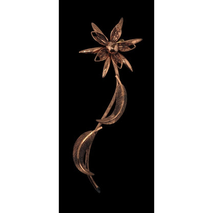 Vintage Copper Flower Brooch With Detailed Petals & Leaves