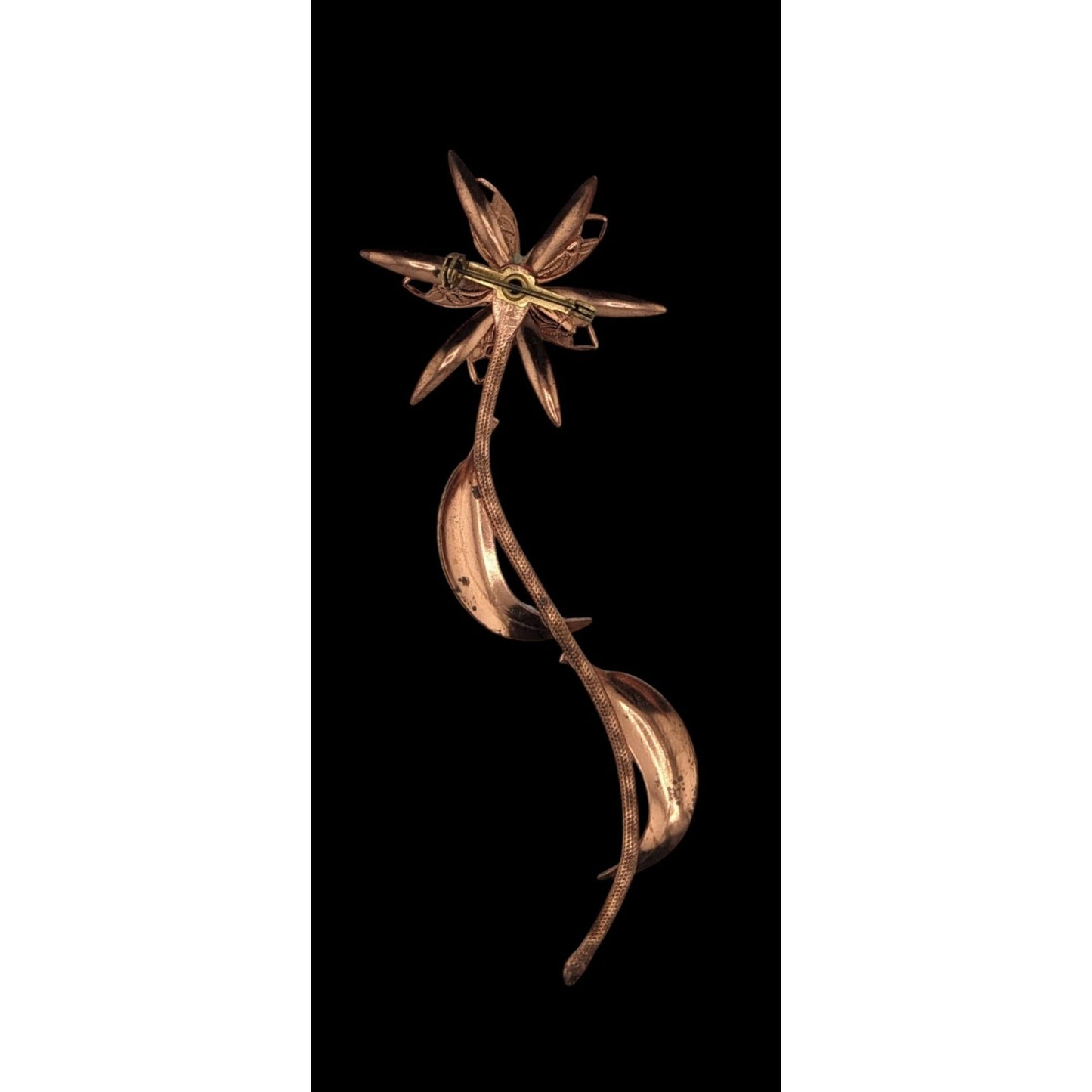 Vintage Copper Flower Brooch With Detailed Petals & Leaves