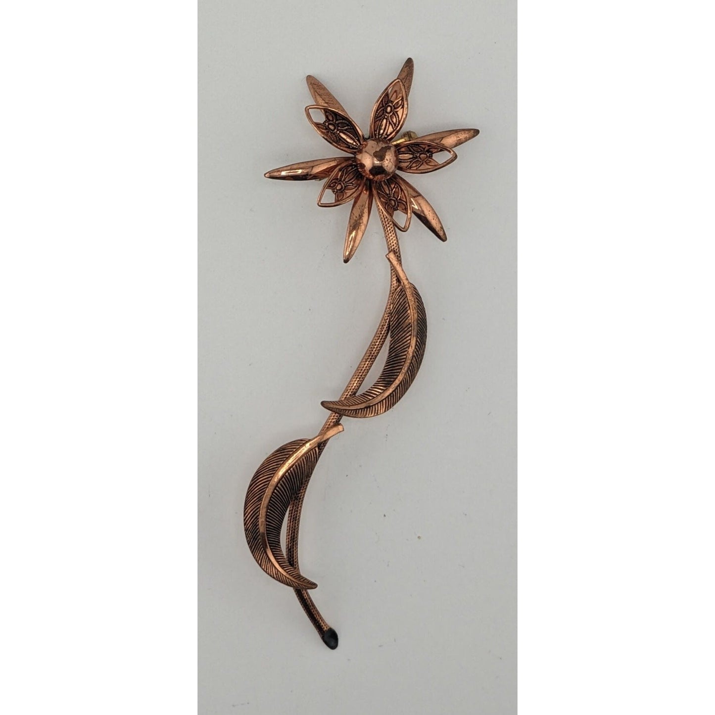 Vintage Copper Flower Brooch With Detailed Petals & Leaves