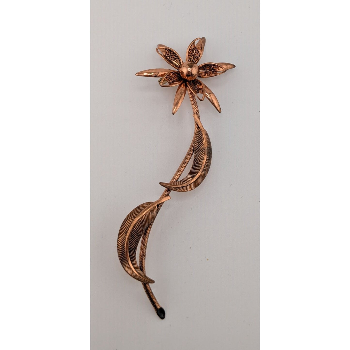 Vintage Copper Flower Brooch With Detailed Petals & Leaves