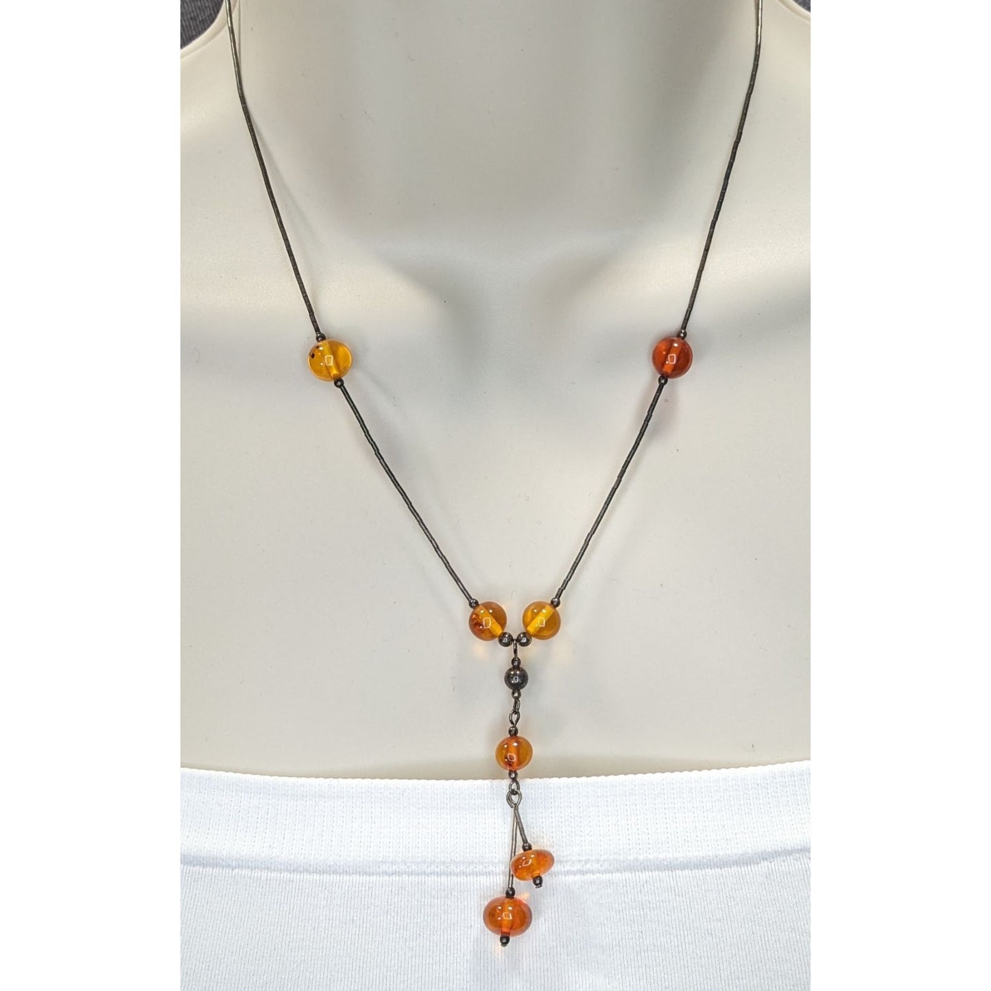 Vintage Amber Bead Necklace With Liquid Silver Chain & Drop Pendant