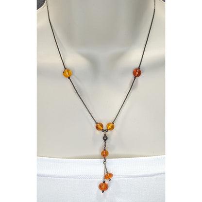 Vintage Amber Bead Necklace With Liquid Silver Chain & Drop Pendant