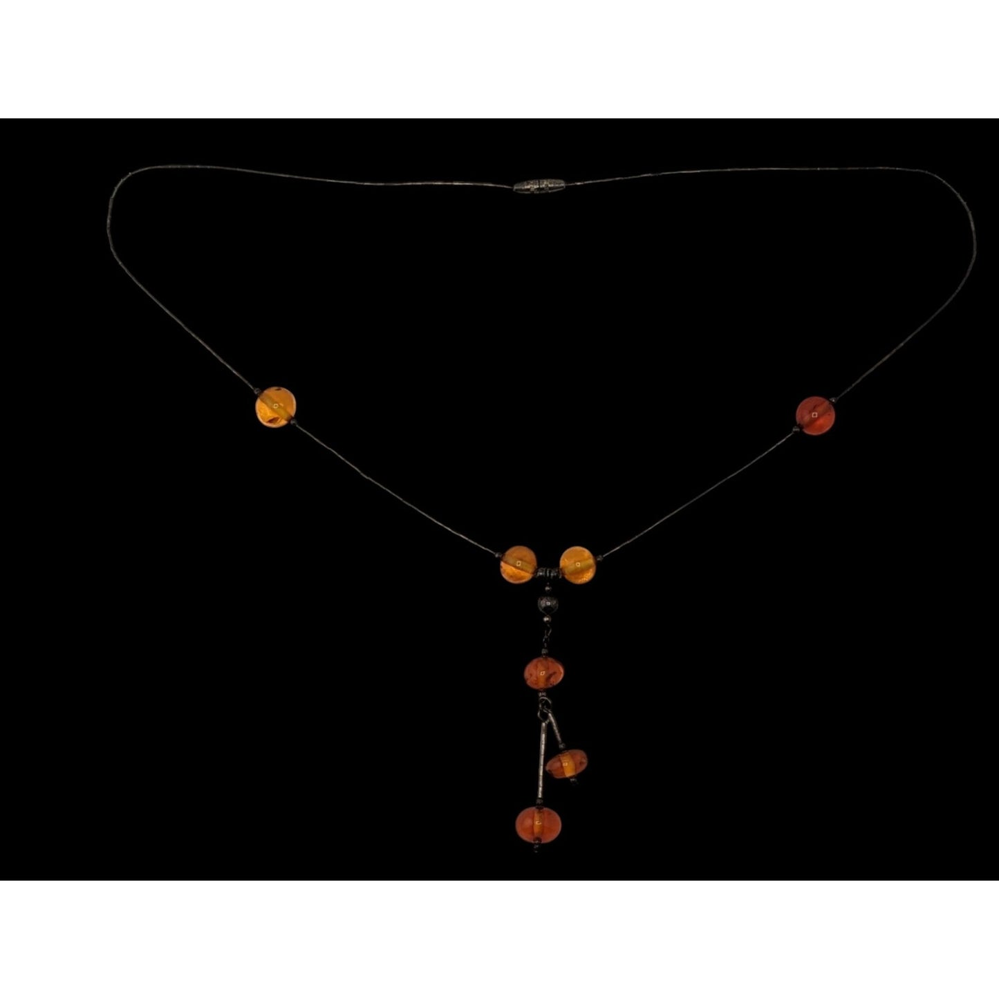 Vintage Amber Bead Necklace With Liquid Silver Chain & Drop Pendant