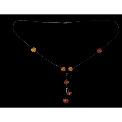 Vintage Amber Bead Necklace With Liquid Silver Chain & Drop Pendant