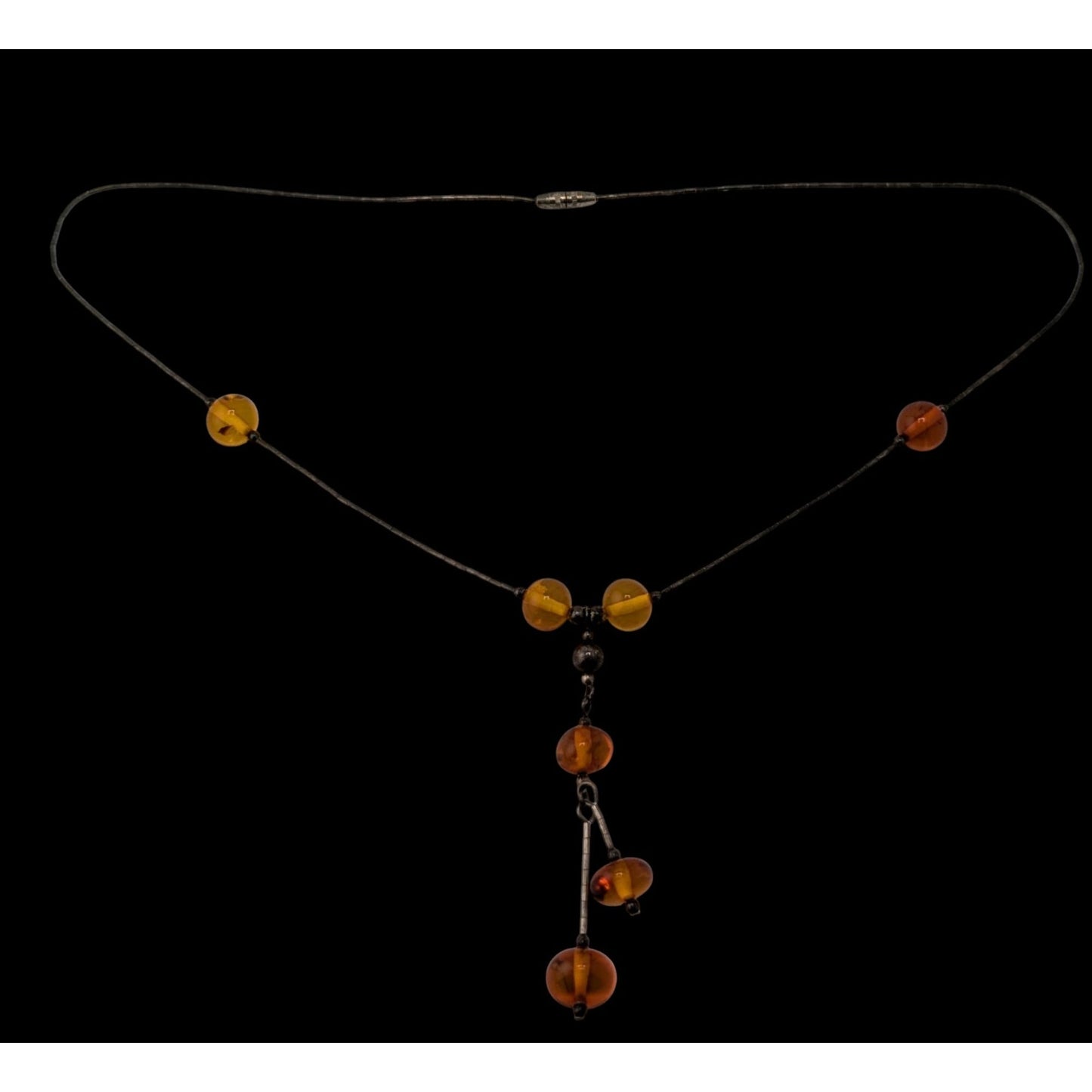 Vintage Amber Bead Necklace With Liquid Silver Chain & Drop Pendant