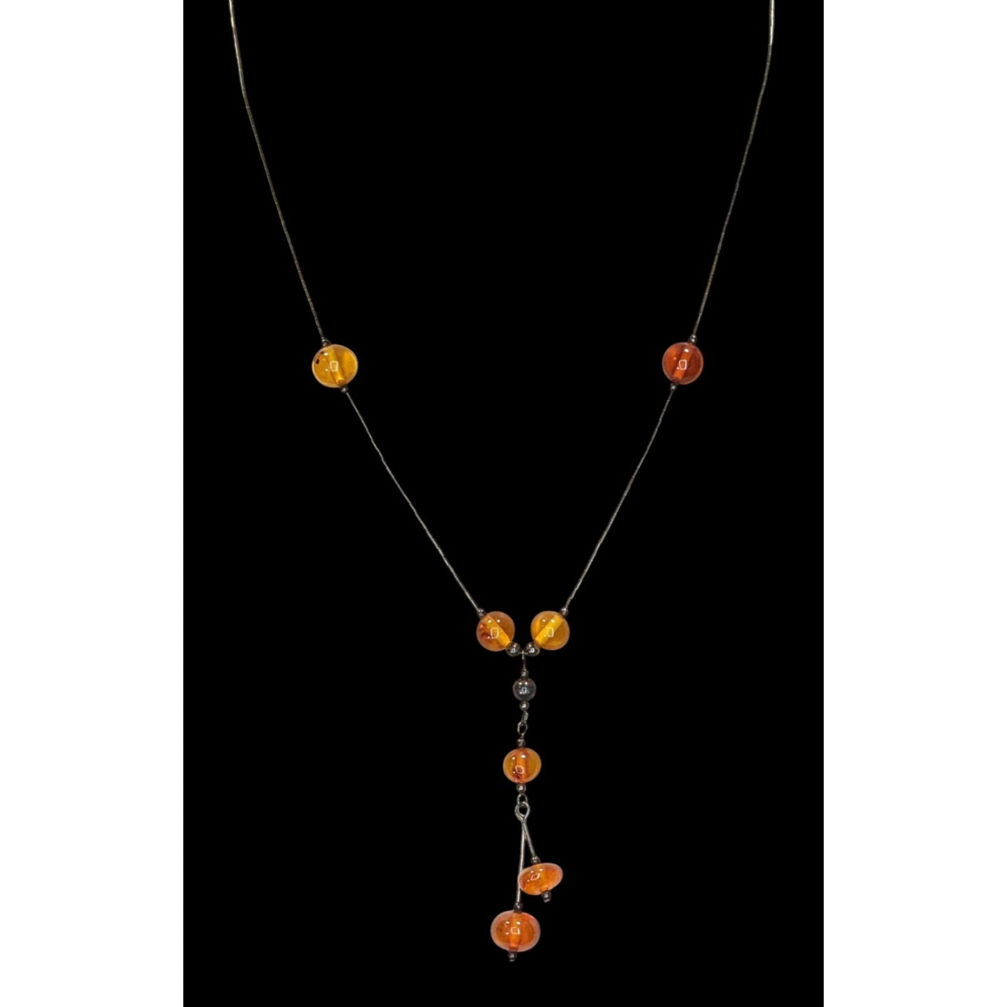 Vintage Amber Bead Necklace With Liquid Silver Chain & Drop Pendant