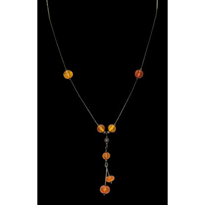 Vintage Amber Bead Necklace With Liquid Silver Chain & Drop Pendant