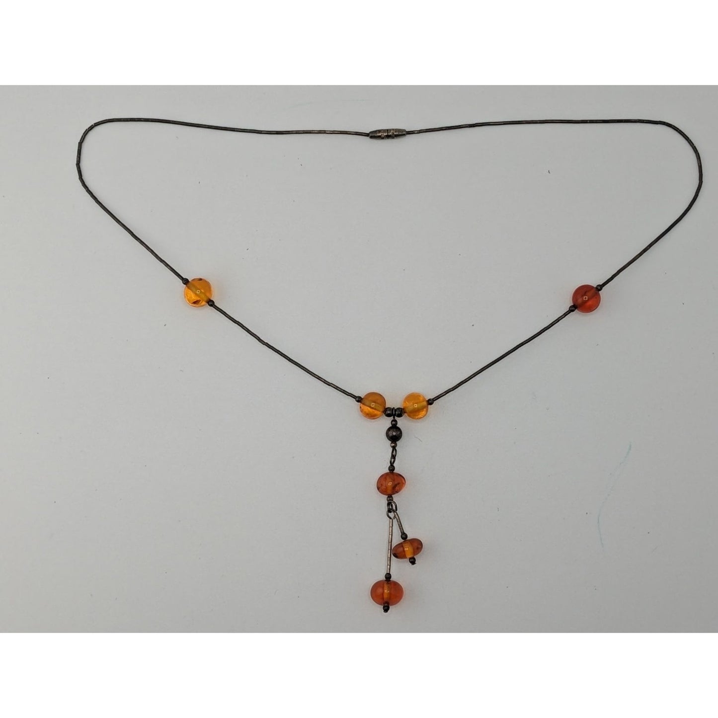 Vintage Amber Bead Necklace With Liquid Silver Chain & Drop Pendant