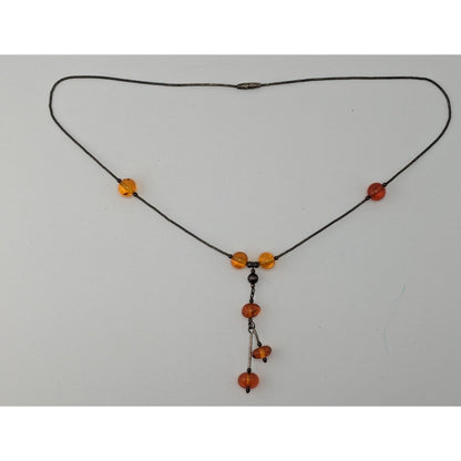 Vintage Amber Bead Necklace With Liquid Silver Chain & Drop Pendant
