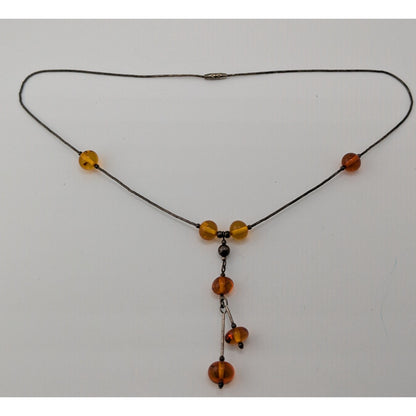 Vintage Amber Bead Necklace With Liquid Silver Chain & Drop Pendant