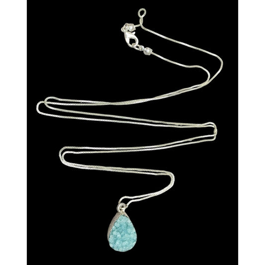 Mermaidcore Aqua Blue Druzy Teardrop Pendant On Silver Tone Chain