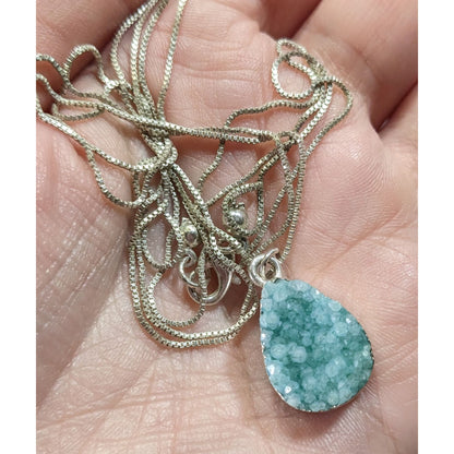 Mermaidcore Aqua Blue Druzy Teardrop Pendant On Silver Tone Chain