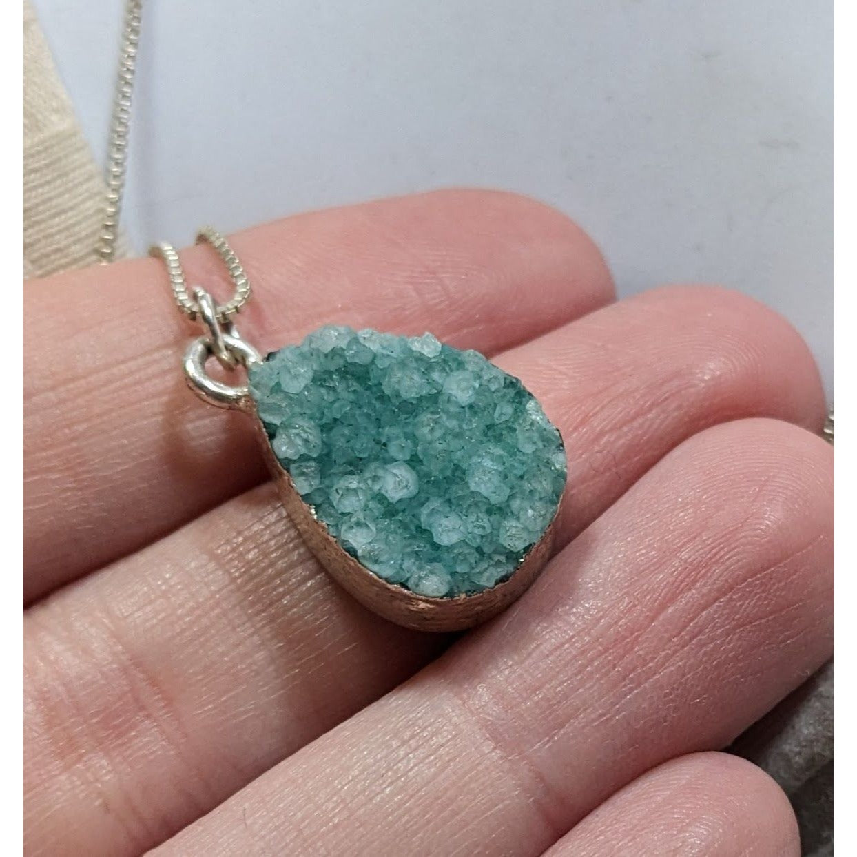 Mermaidcore Aqua Blue Druzy Teardrop Pendant On Silver Tone Chain