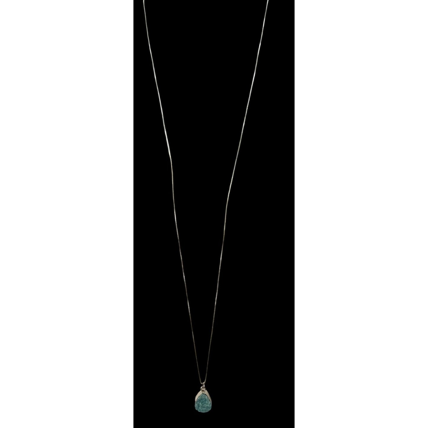 Mermaidcore Aqua Blue Druzy Teardrop Pendant On Silver Tone Chain