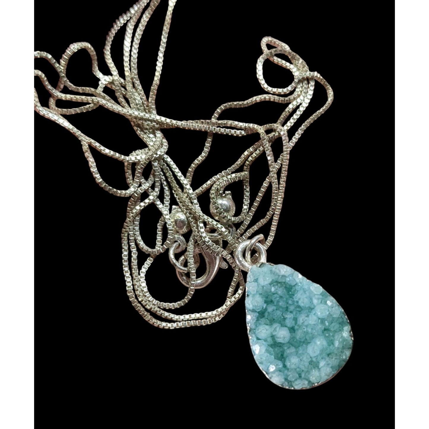 Mermaidcore Aqua Blue Druzy Teardrop Pendant On Silver Tone Chain