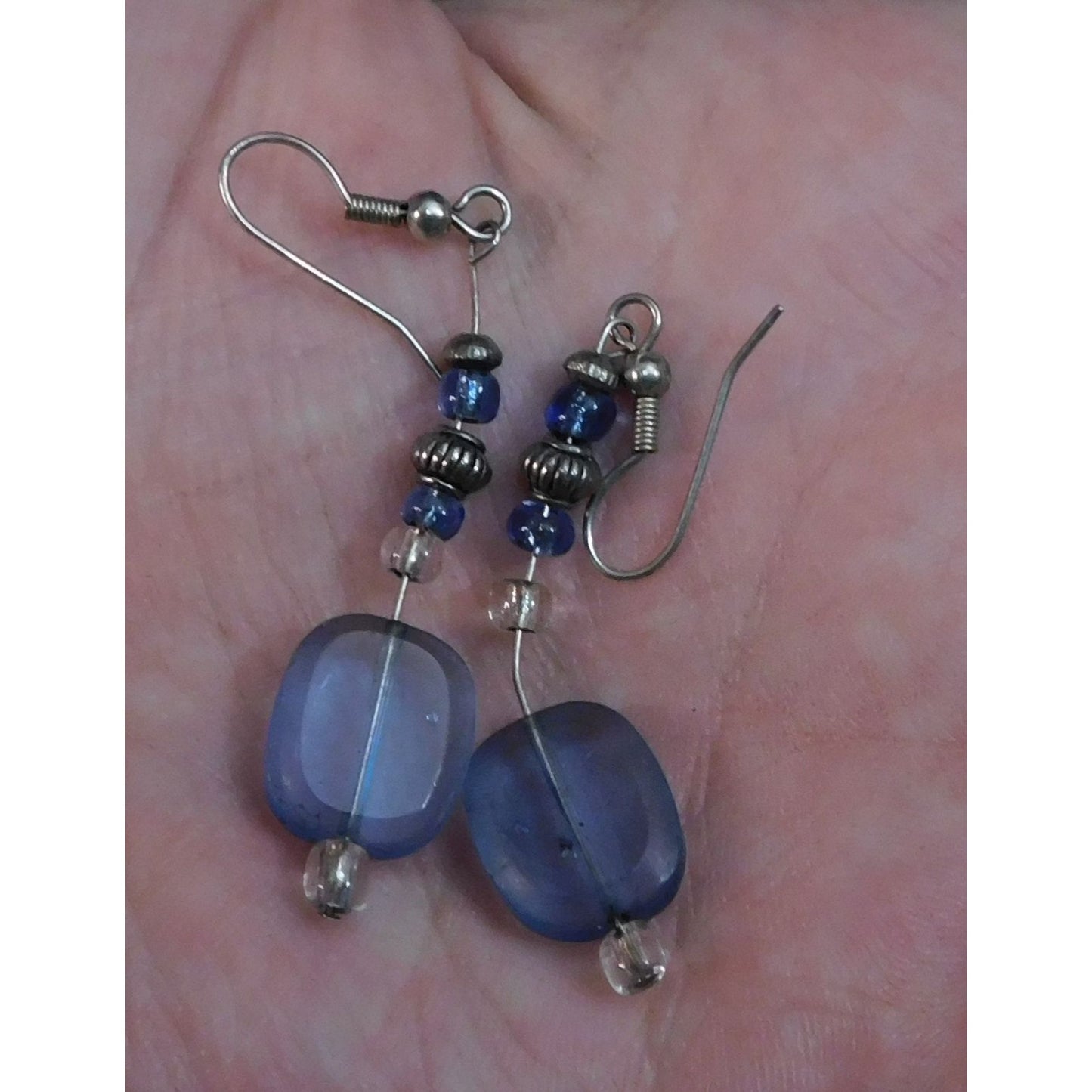 Blue Beaded Dangle Earrings With Silver Tone Accents