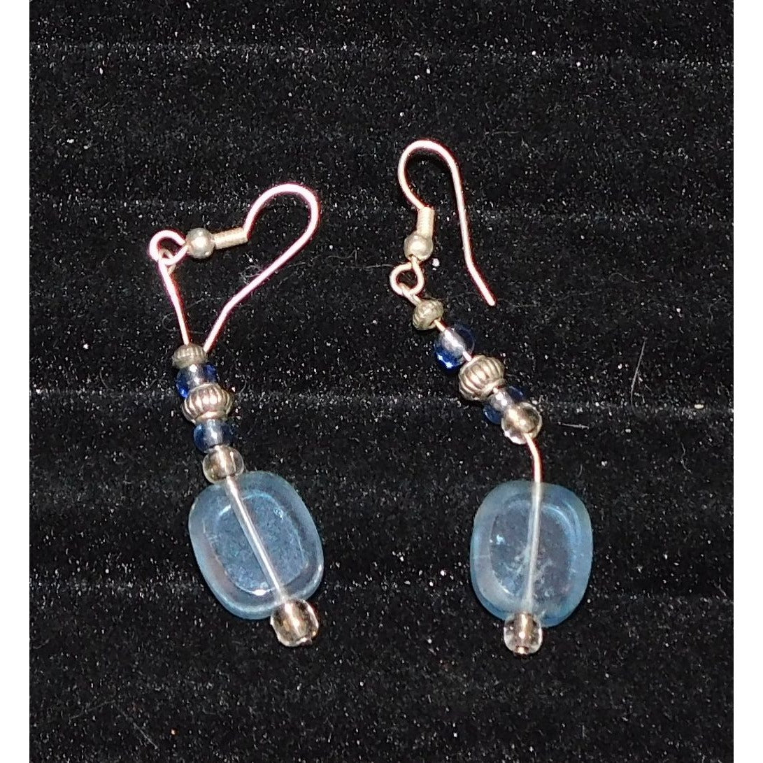 Blue Beaded Dangle Earrings With Silver Tone Accents