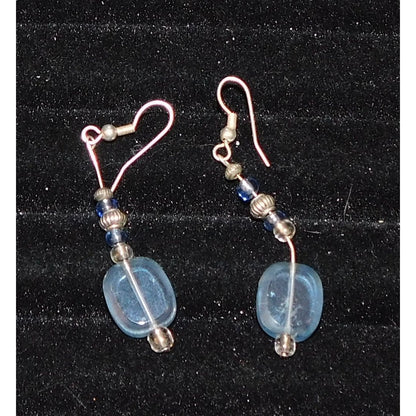 Blue Beaded Dangle Earrings With Silver Tone Accents