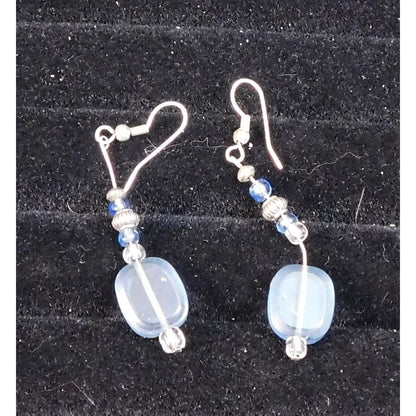 Blue Beaded Dangle Earrings With Silver Tone Accents