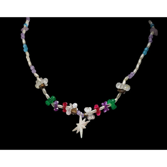 Vintage Handmade Colorful Beaded Necklace With Star Pendant & Tiger Eye