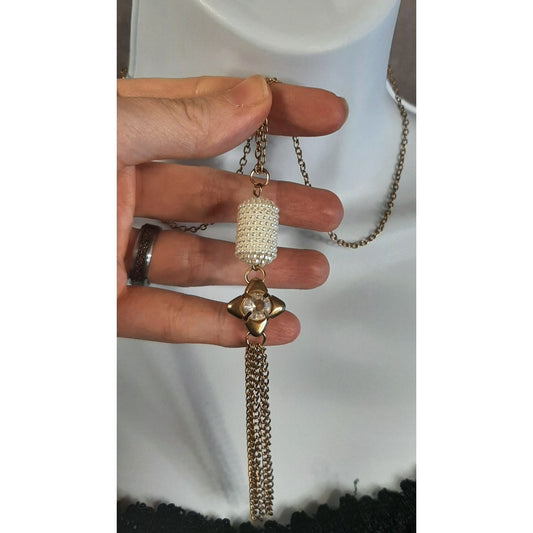 Vintage Retro Gold-Tone Pearl Beaded Pendant Necklace With Crystal Star & Tassel