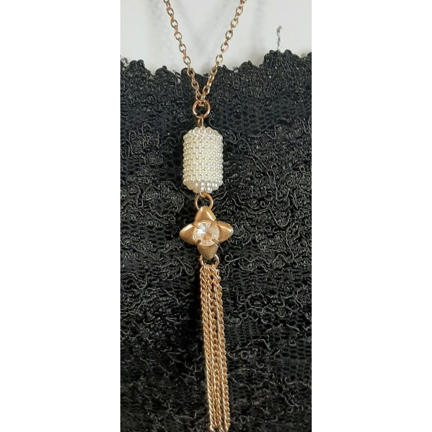 Vintage Retro Gold-Tone Pearl Beaded Pendant Necklace With Crystal Star & Tassel