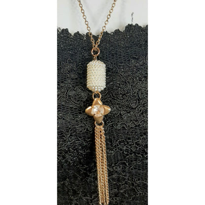 Vintage Retro Gold-Tone Pearl Beaded Pendant Necklace With Crystal Star & Tassel