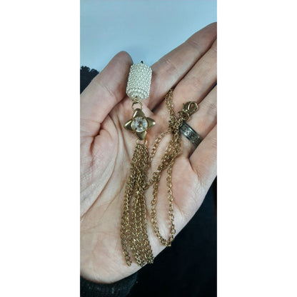 Vintage Retro Gold-Tone Pearl Beaded Pendant Necklace With Crystal Star & Tassel