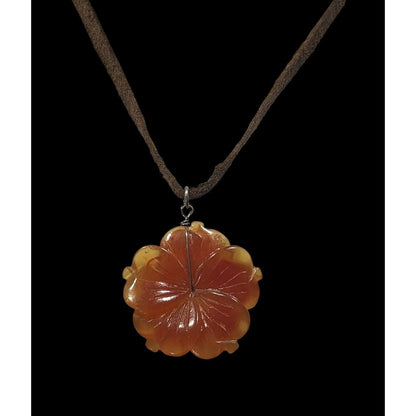 Vintage Carved Orange Stone Flower Pendant Necklace