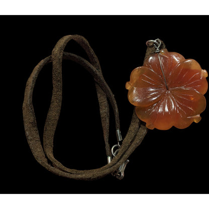 Vintage Carved Orange Stone Flower Pendant Necklace