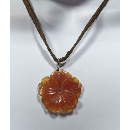 Vintage Carved Orange Stone Flower Pendant Necklace