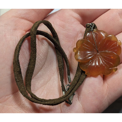 Vintage Carved Orange Stone Flower Pendant Necklace