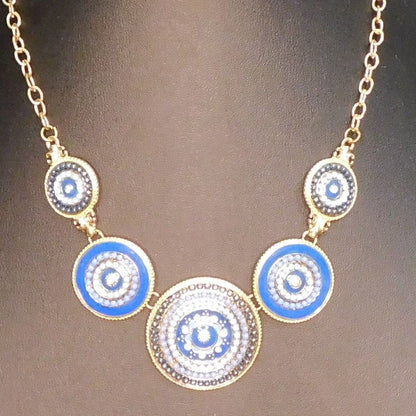 Bohemian Blue And Gold Tone Medallion Necklace