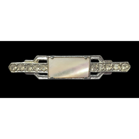 Vintage Art Deco Mother Of Pearl Rhinestone Silver Tone Brooch