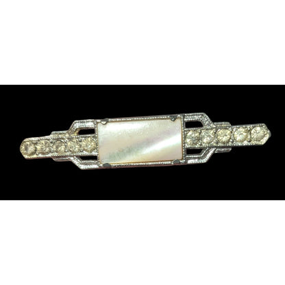 Vintage Art Deco Mother Of Pearl Rhinestone Silver Tone Brooch