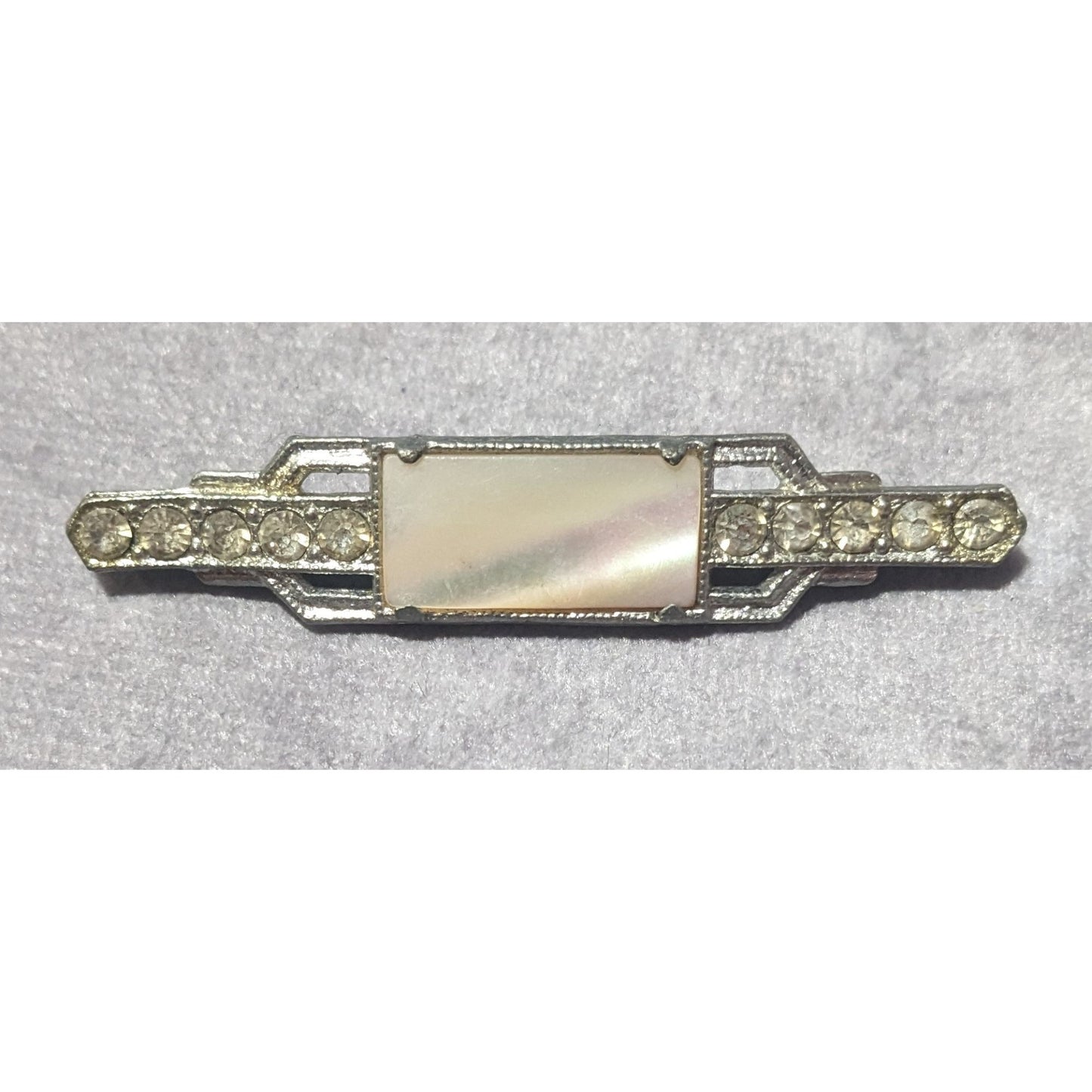 Vintage Art Deco Mother Of Pearl Rhinestone Silver Tone Brooch