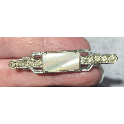 Vintage Art Deco Mother Of Pearl Rhinestone Silver Tone Brooch