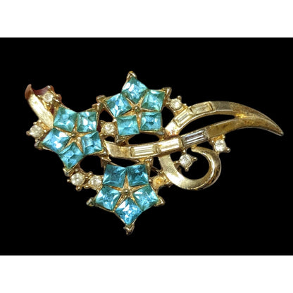 Vintage Blue And Gold Floral Rhinestone Brooch