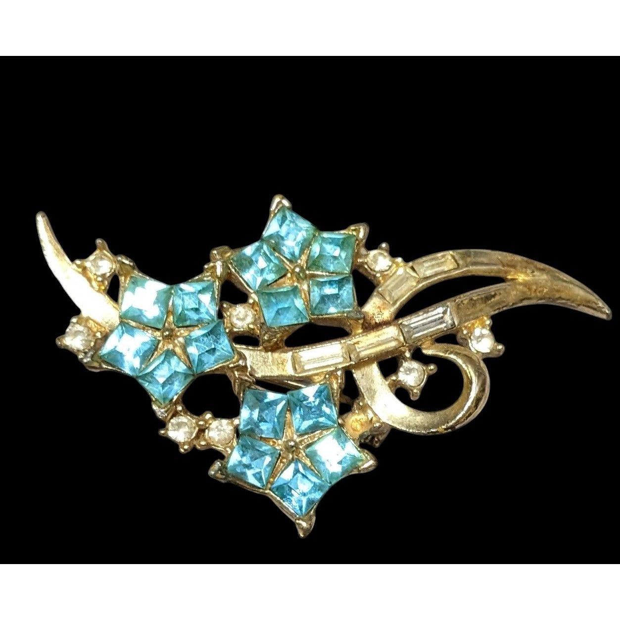 Vintage Blue And Gold Floral Rhinestone Brooch