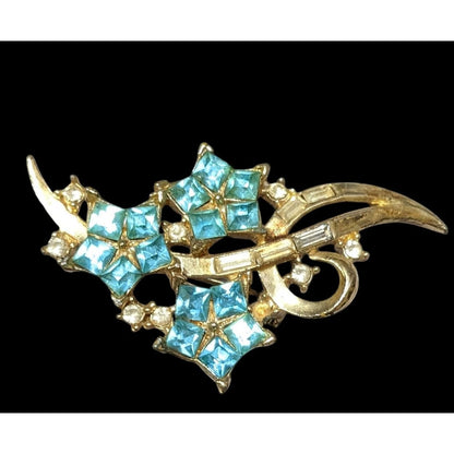 Vintage Blue And Gold Floral Rhinestone Brooch