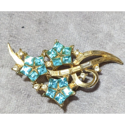 Vintage Blue And Gold Floral Rhinestone Brooch