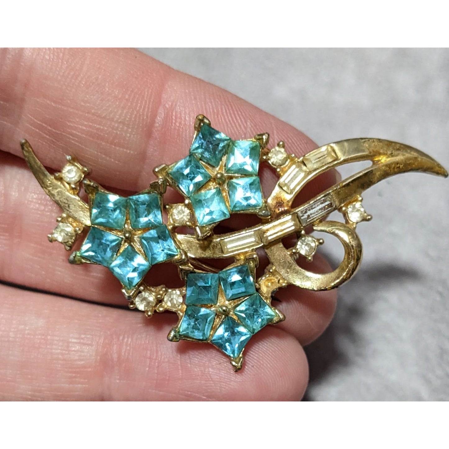 Vintage Blue And Gold Floral Rhinestone Brooch