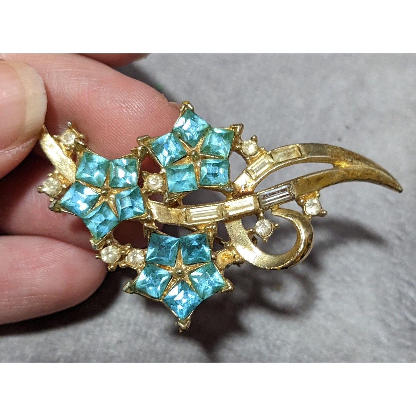 Vintage Blue And Gold Floral Rhinestone Brooch