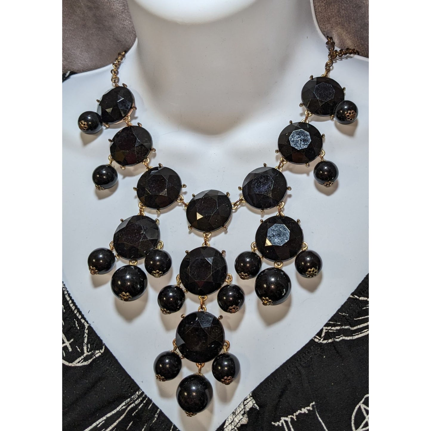 Glam Goth Statement Necklace With Black Faceted Gems